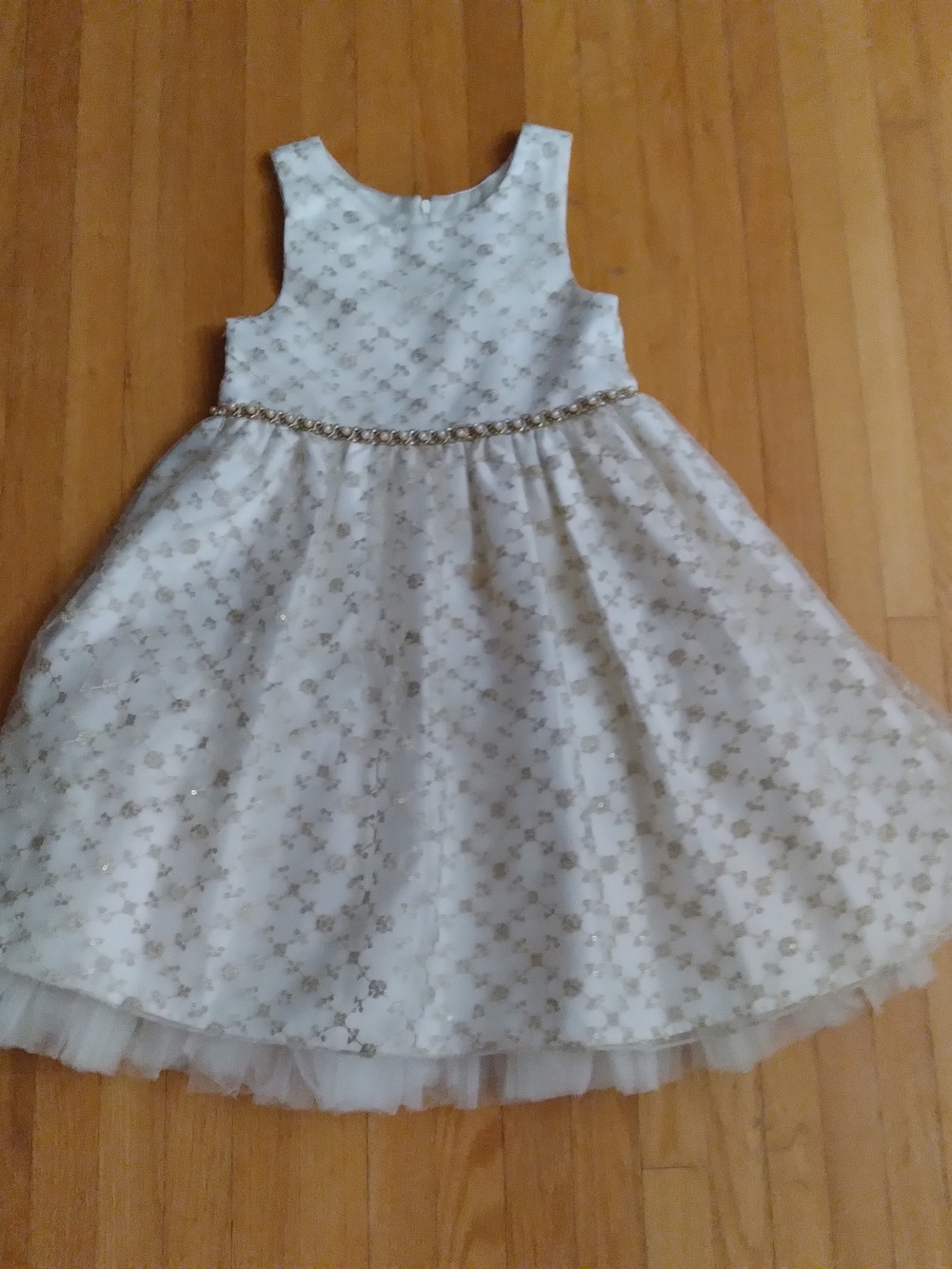American Princess White and Gold Floral Tulle Party Dress, Girls 6/7 y.o.